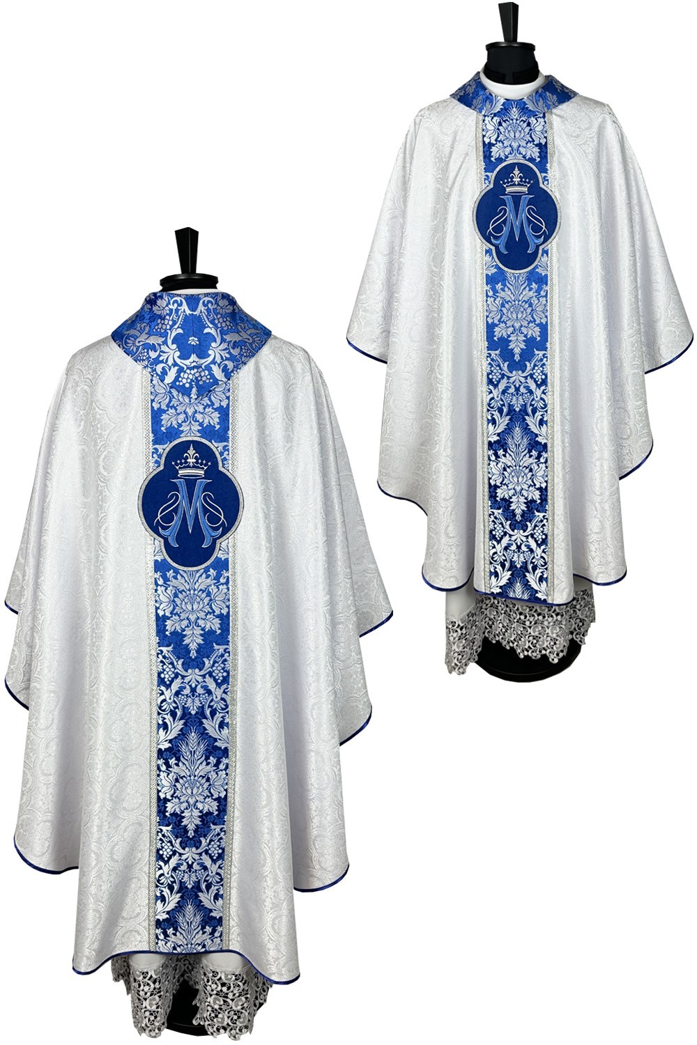 White Marian Chasuble,  damask, brocade, embroidered  appliques