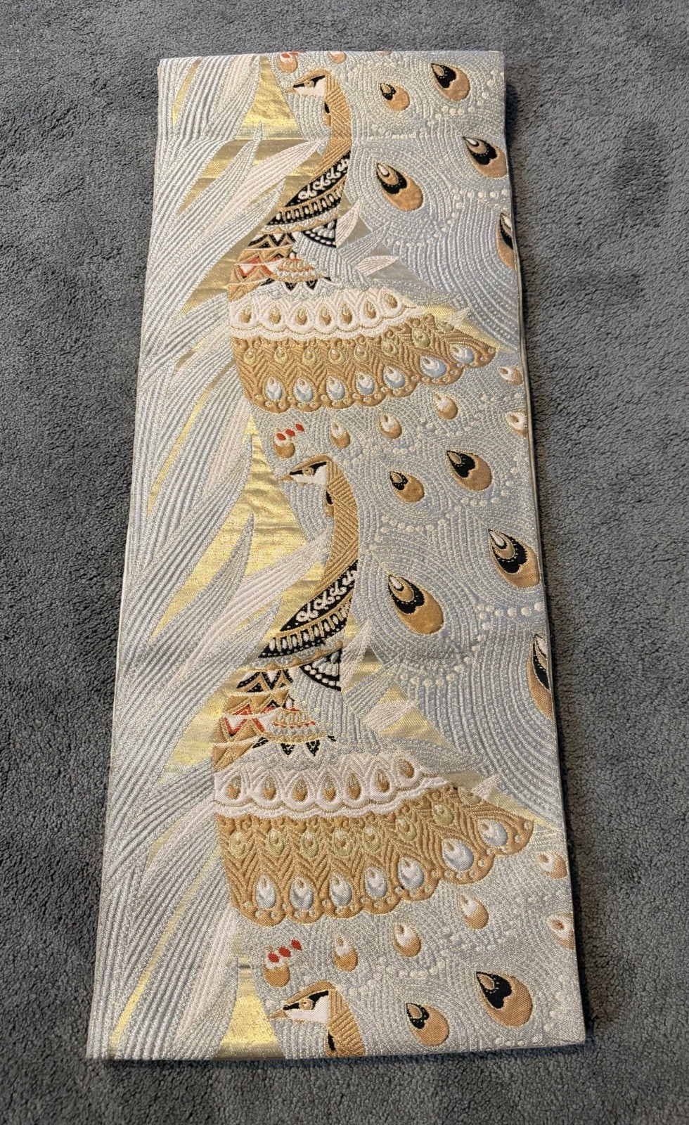 Vintage Silk Fukuro Obi Japanese Kimono Belt Gold Peacock Floral Formal Brocade
