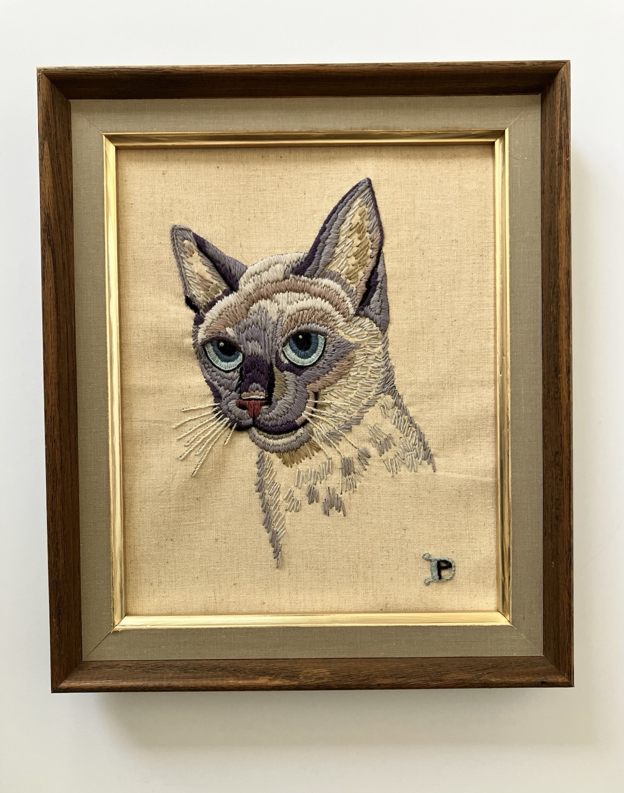 vintage hand Embroidered Cat Portrait Framed Signed Amazing Artwork Face