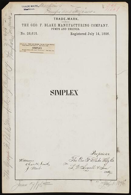 Photo:Geo F Blake Mfg Co Simplex Pumps Engines Trade Mark 1896
