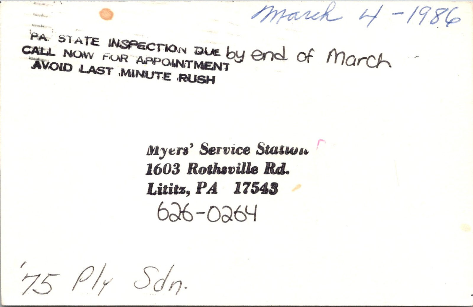 Myers Service Station Rothsville Road Lititz PA Vintage Postcard 5P21-3
