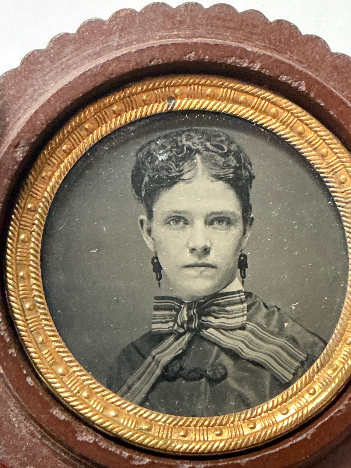 1860s Oreo Union Case Krainik 742 Thermoplastic Tintype Young Woman Bow Earrings