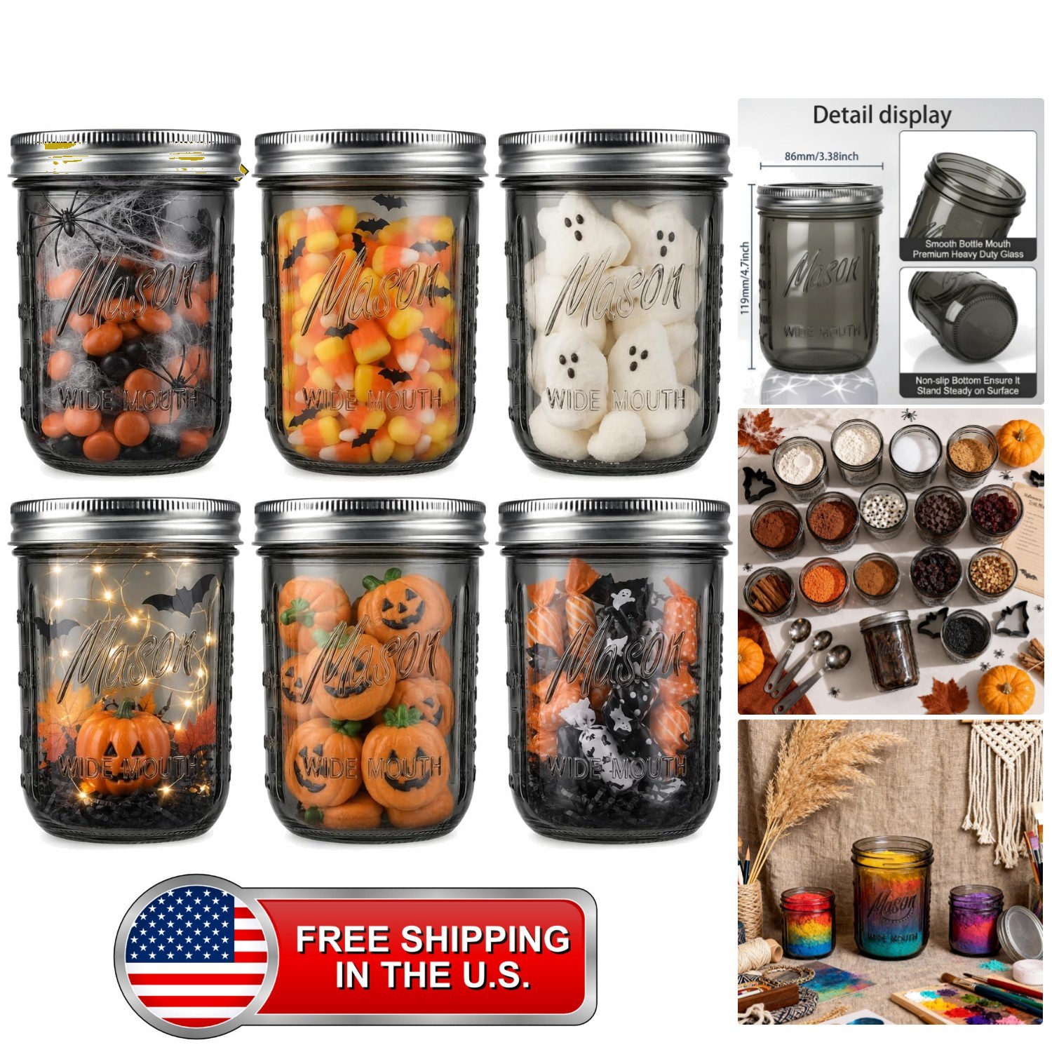 6 Pack 16 oz Smoky Black Mason Jars with Lids – Wide Mouth Thick Glass Jars, ... 6 Pack 16 oz Smoky Black Mason Jars with Lids – Wide Mouth Thick Glass Jars, ...