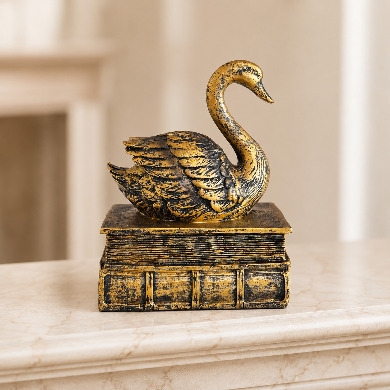 Vintage French Ceramic Swan Figurine On Books Gold Bird Statue Decor Gift 5.5\'\'