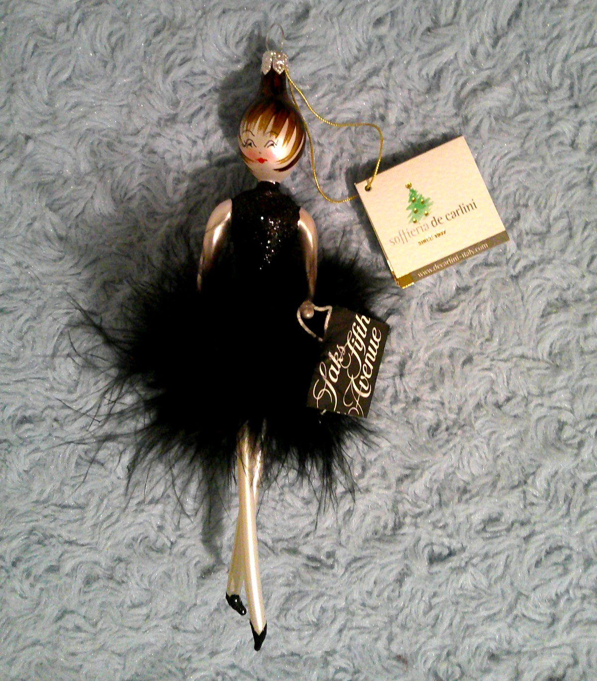Soffieria De Carlini Italy Black Feathered Saks Lady Christmas Ornament NWT