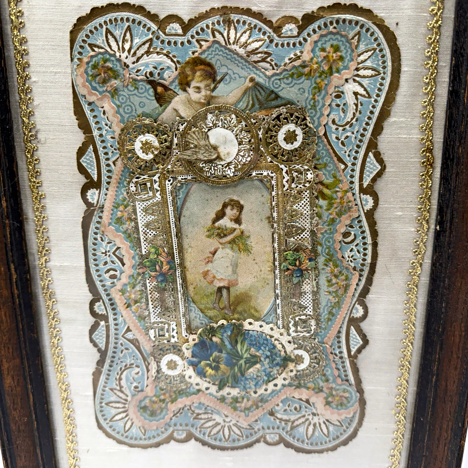 Antique Victorian 3D Mechanical Paper Lace Valentine Dresden Foil Framed Art