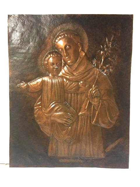 Antique Original Copper Repousse Wall Art, St. Anthony & Baby Jesus, Signed