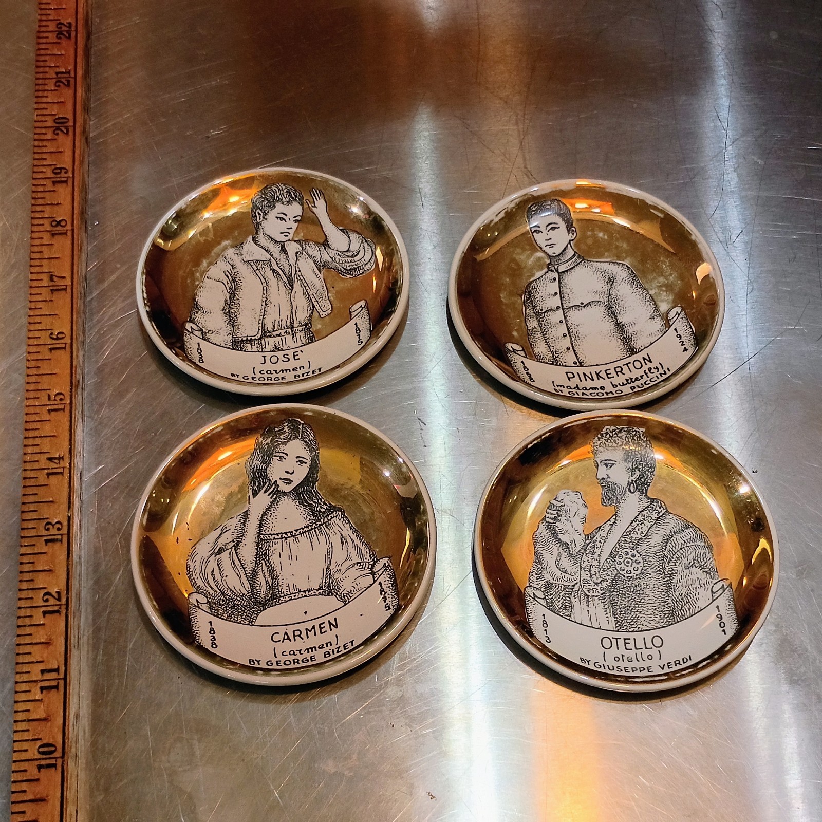 Vtg Fornasetti Milano Musicalia Porcelain Coasters Set of 4 Gold Gilt Italy MCM