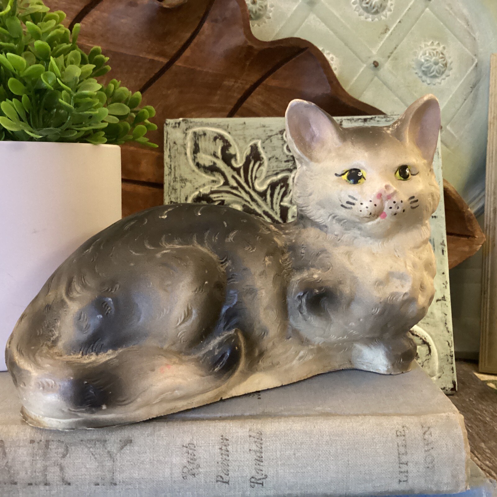 Vintage Hard Plastic Cat  Grey White 4”x6” Kitty Crazy Cat Lady gift