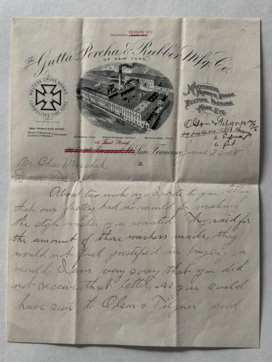 Vintage 1908 San Francisco CA Letterhead Gutta Percha & Rubber Mfg Co vignette
