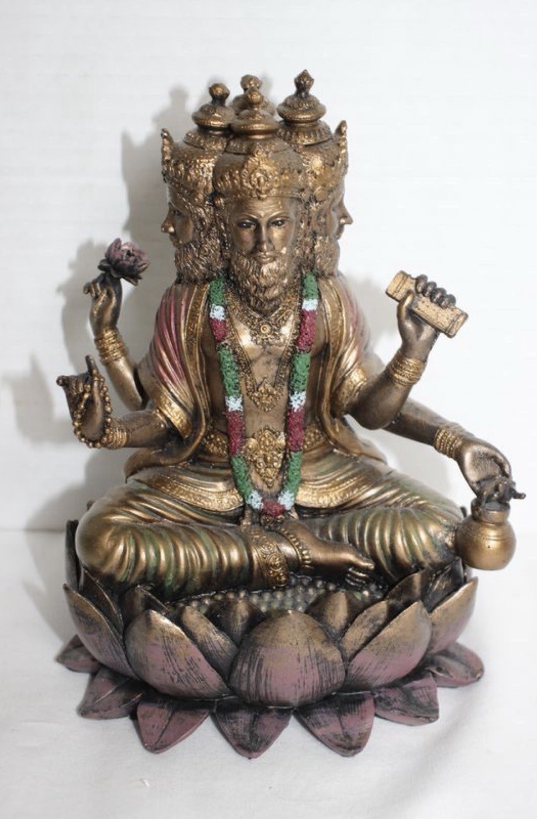 Pacific Giftware Brahma Four Face Cold Cast Bronze Hindu God Lotus Statue 10”
