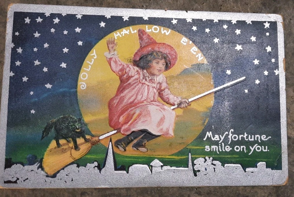 Vintage Postcard Jolly Halloween Witch Black Cat Moon 1909 Original 