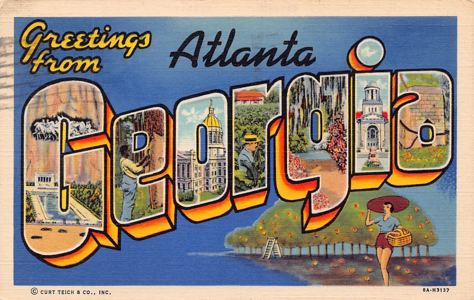 1940 Atlanta Georgia GA Greetings From Large Letter 8A-H3137 Linen Postcard
