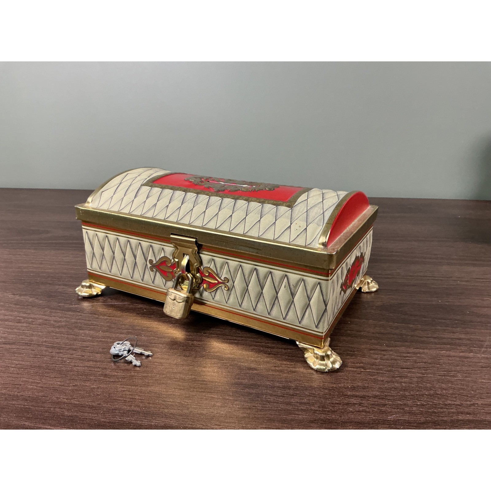 Vintage Fricke & Nacke Western Germany Metal Coin Bank Chest with Lock and Keys