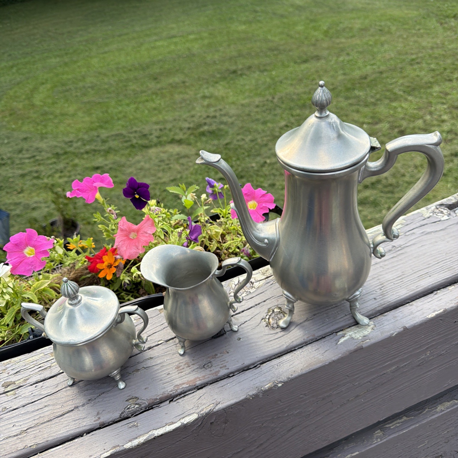 Vintage W.E.B. 1136 Pewter Coffee Tea Set Pot Creamer Sugar Bowl Footed 3 Pc