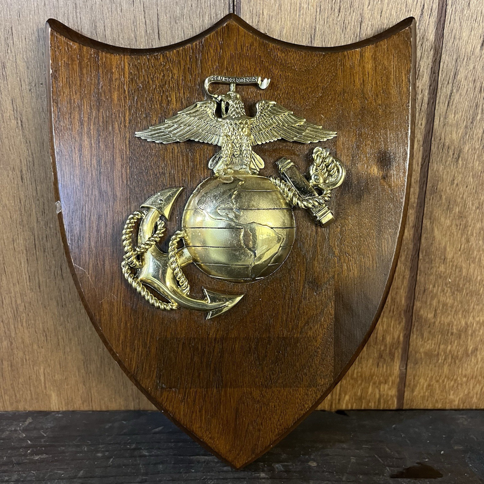 Vintage USMC Wood Walnut Shield Plaque Eagle Globe Anchor EGA Made In USA Semper