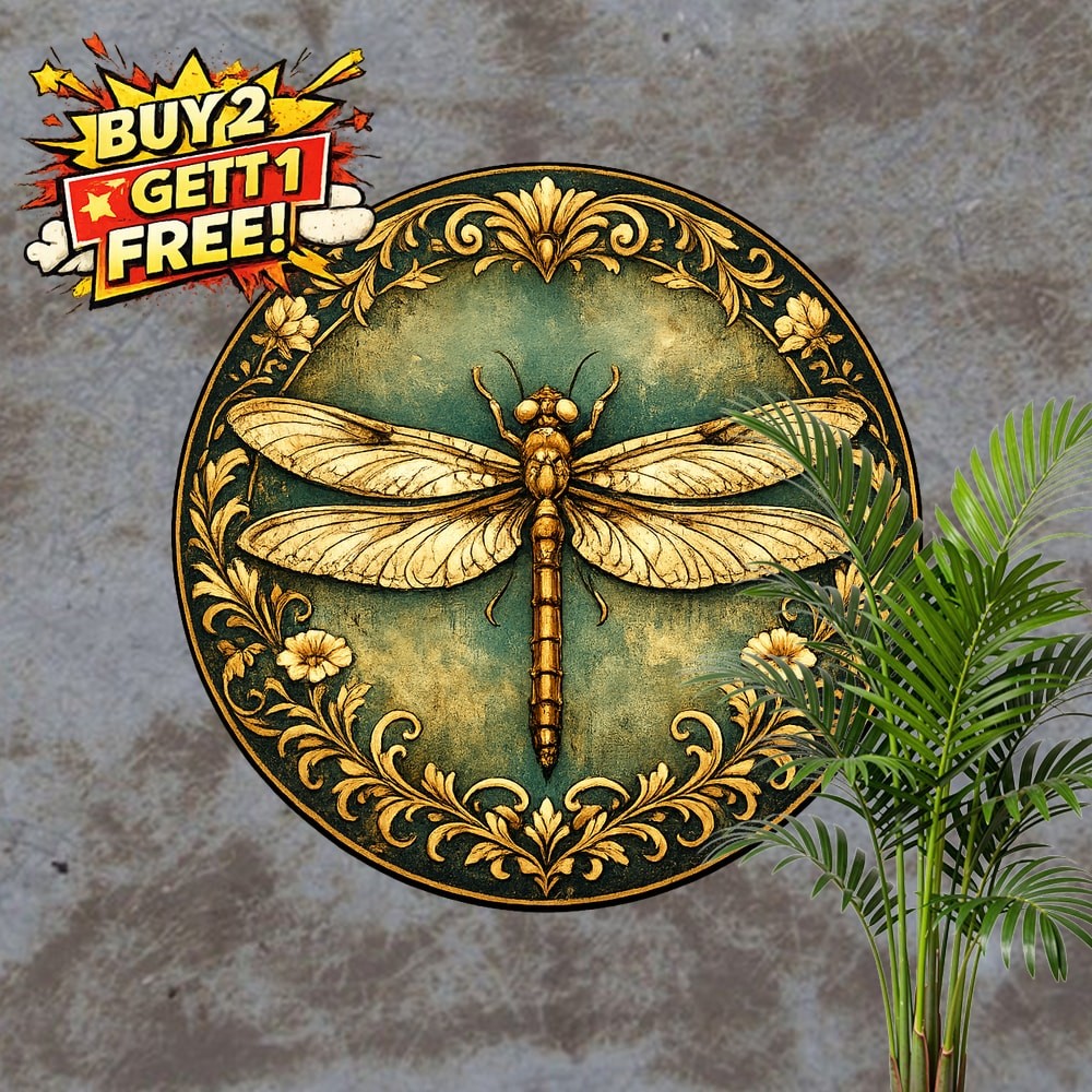 Festive Dragonfly Round Metal Sign Holiday Garden Wall Decor 8x8