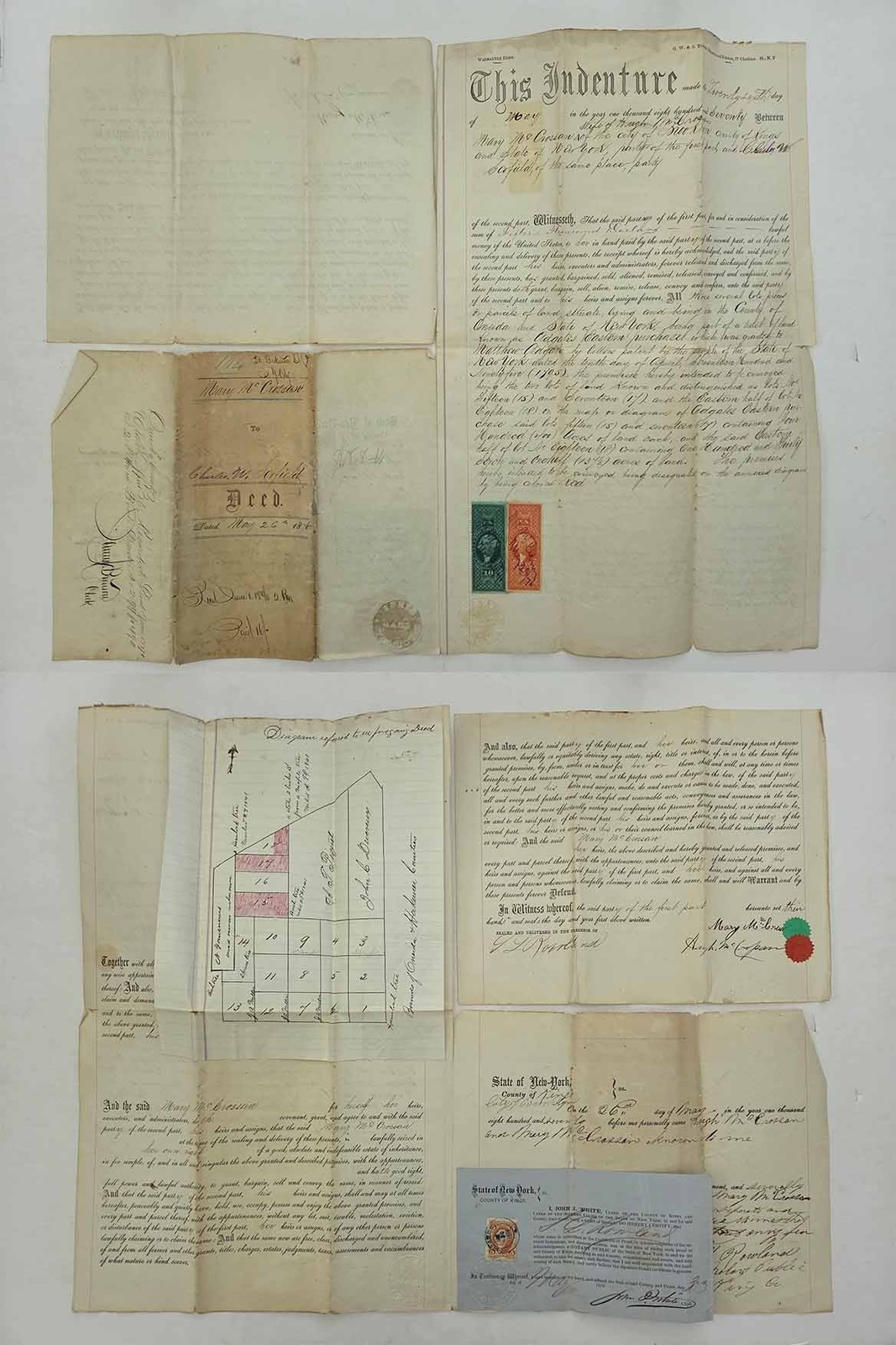 1870 antique DEED brooklyn ny McCROSSAN to SCOFIELD oneida co LAND MAP rev stamp