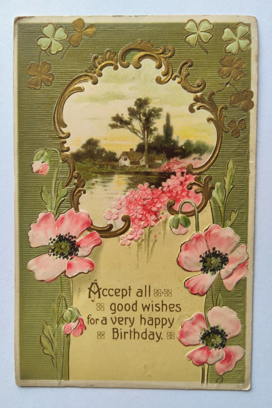 Vintage 1910s HAPPY BIRTHDAY Postcard ACCEPT ALL GOOD WISHES Pink Flowers Emboss