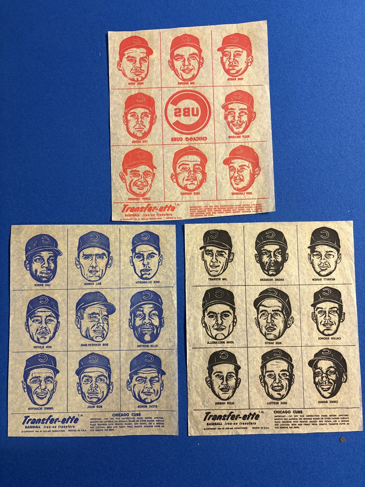 Vtg 1964 Chicago Cubs Transfer-ette Iron-on Transfers 3 Sheets Many HOF Players