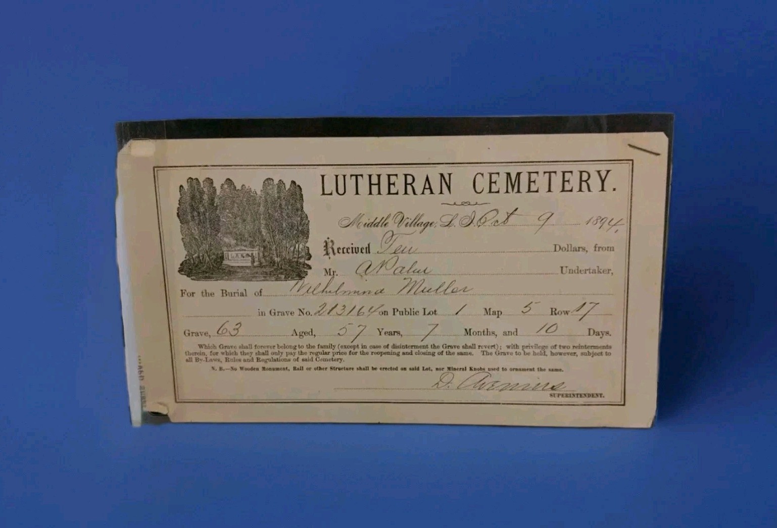 Lutheran Cemetery Paid Plot: Middle Village Long Island NY Oct 9 1894 Original 