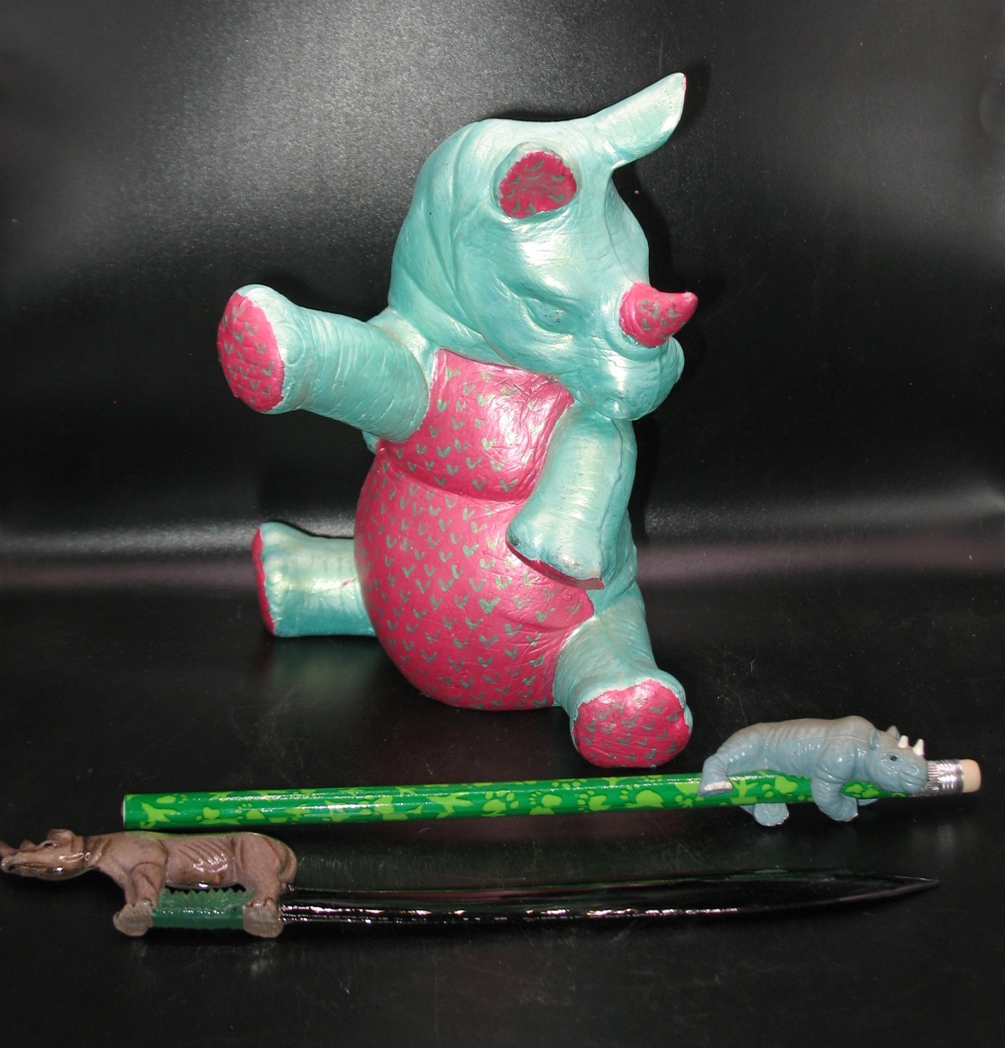 Vintage 1970s Retro Ceramic Rhino Figurine Letter Opener Pencil Hugger Lot 3pc
