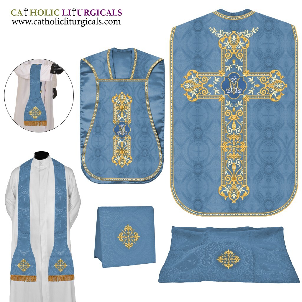 NEW Marian Blue Roman Chasuble Fiddleback Vestment and Mass set, AM embroidery