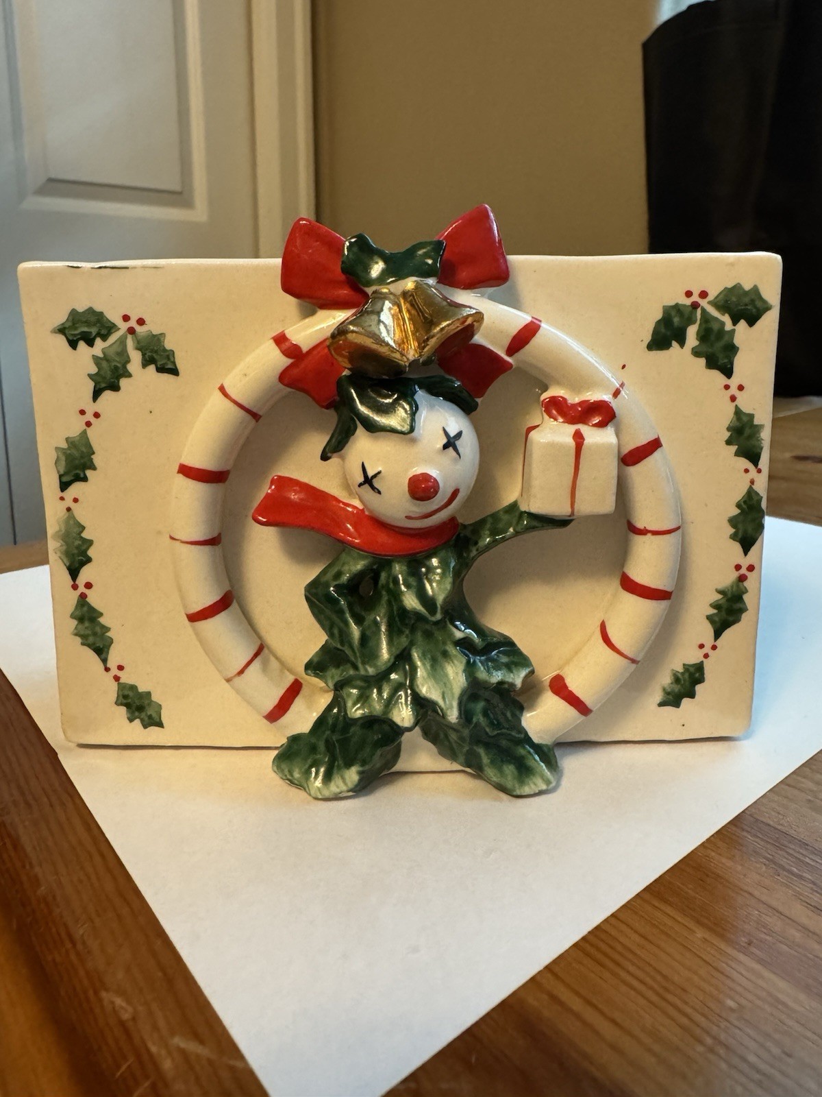 Vintage Japan Dickson Ceramic Christmas Holly Man Starry Eyed Planter Candy Cane