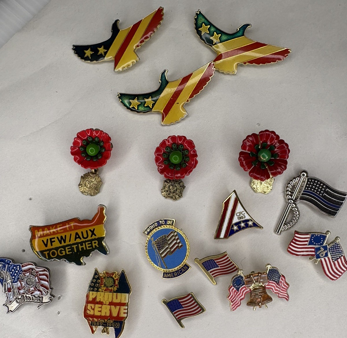 Vintage VFW Auxiliary Pin Lot Patriotic American Flag Buddy Poppy Eagle USN 16pc