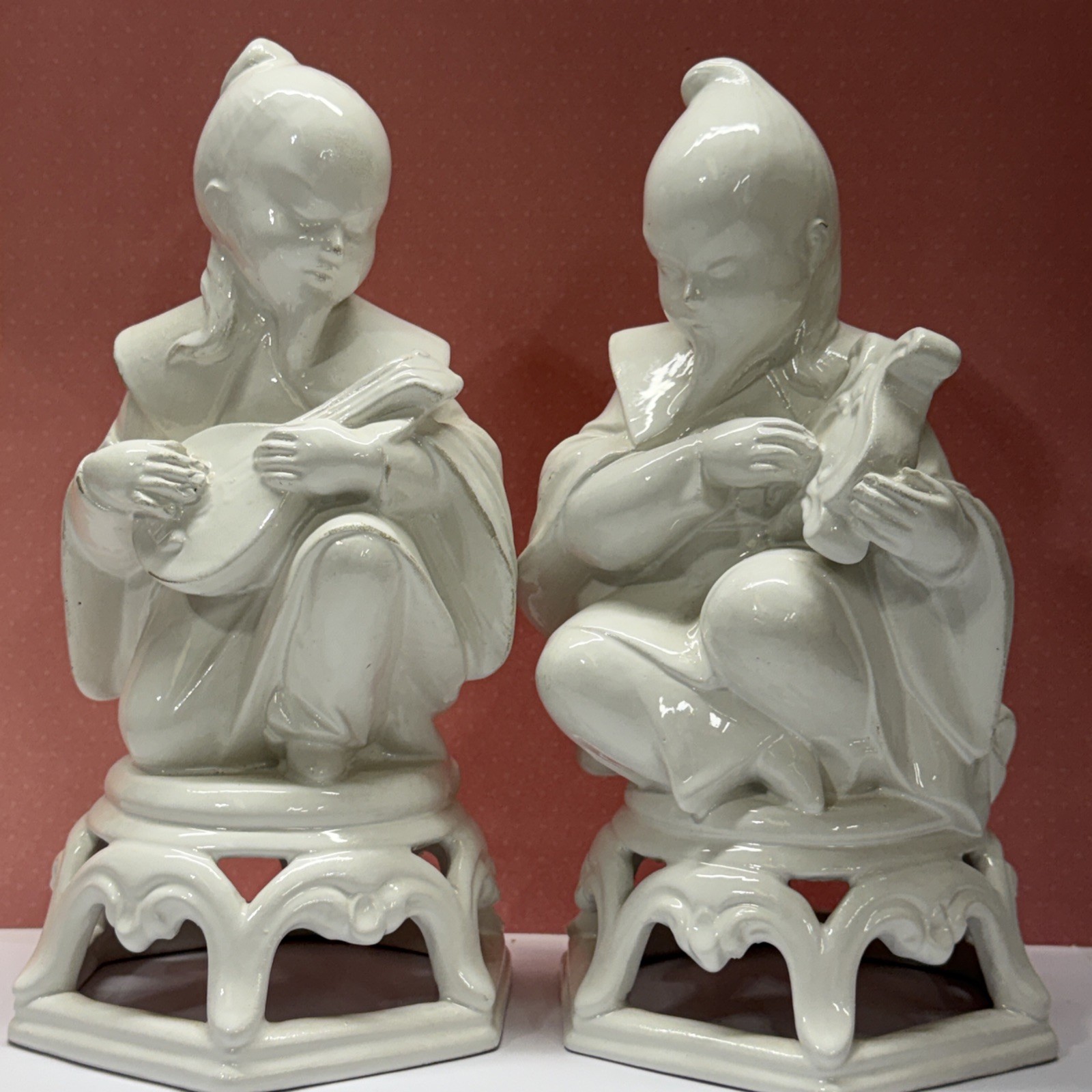 Vintage Asian White Ceramic Pair of Musians, Made In Italy  9” Tall  1990’s