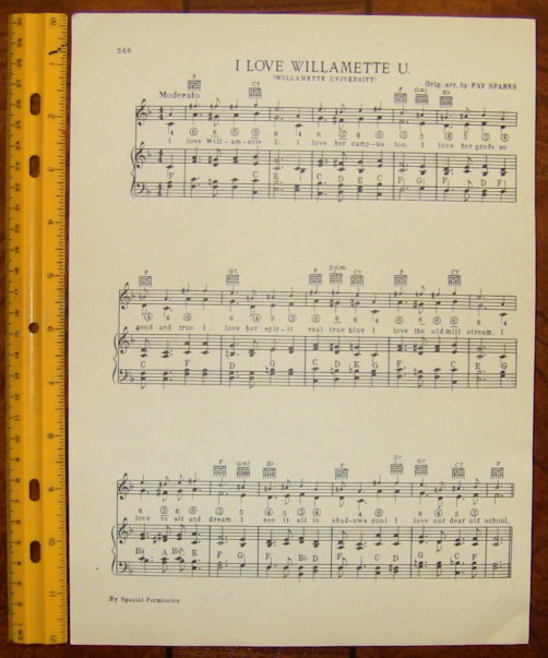 WILLAMETTE UNIVERSITY Vintage Song Sheet c1938 