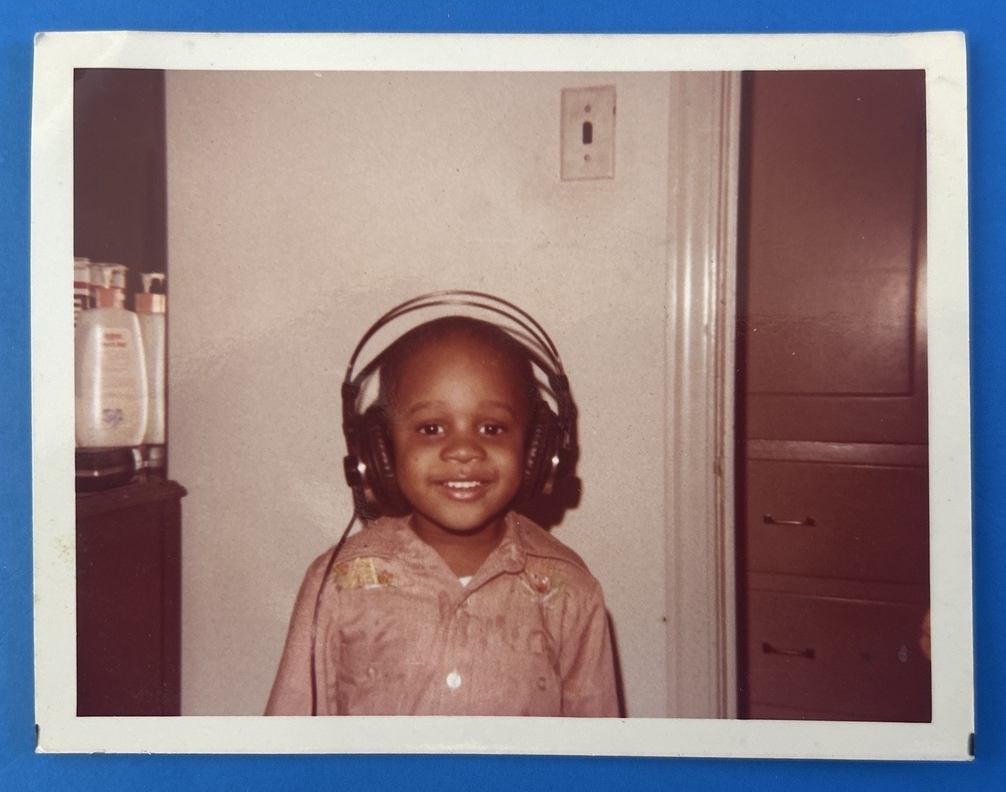 Vintage 1970s African American Boy Headphones Color Snapshot Black Americana