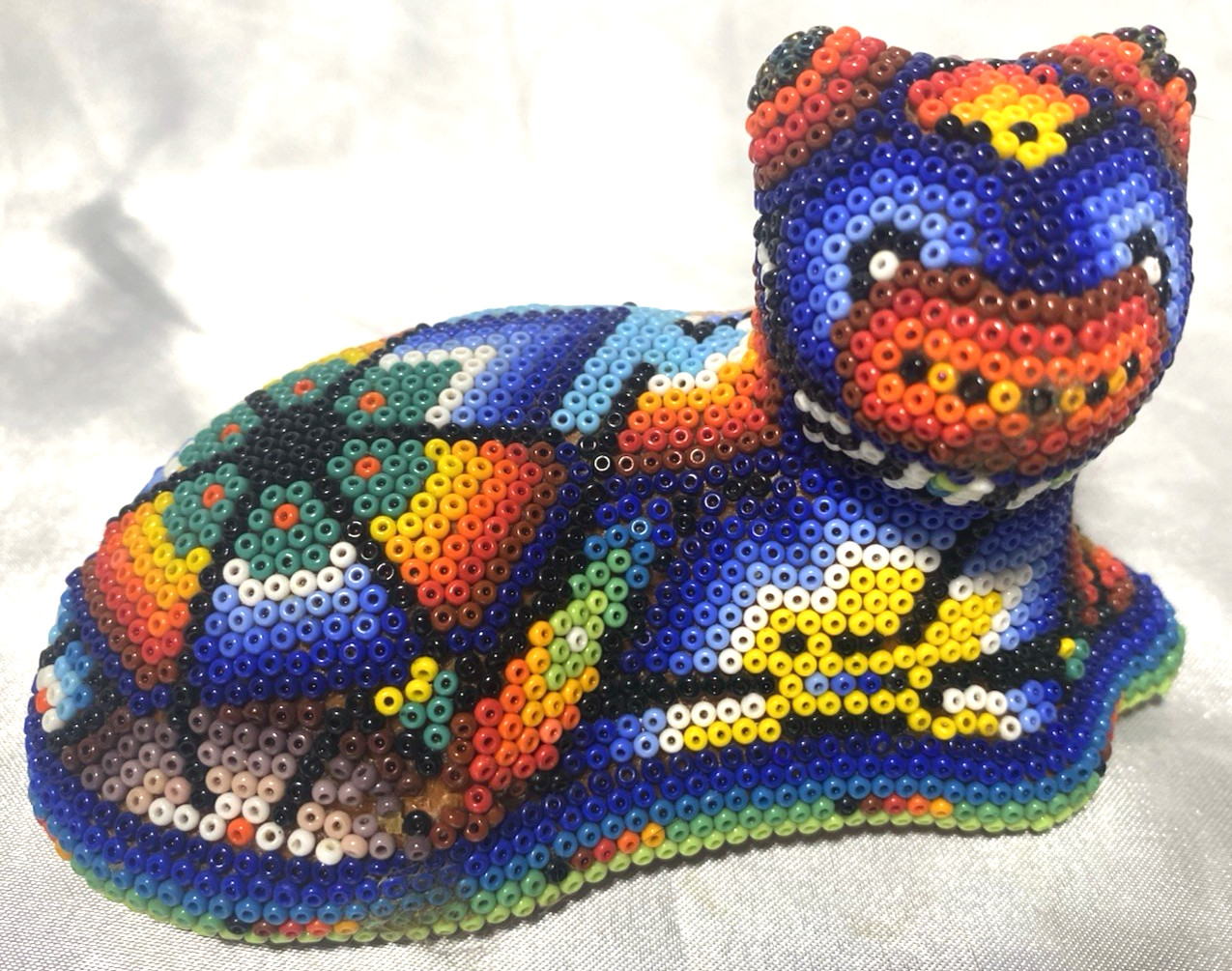 Vintage Huichol Beaded Cat Figurine Handmade Mexican Folk Art 4-1/2
