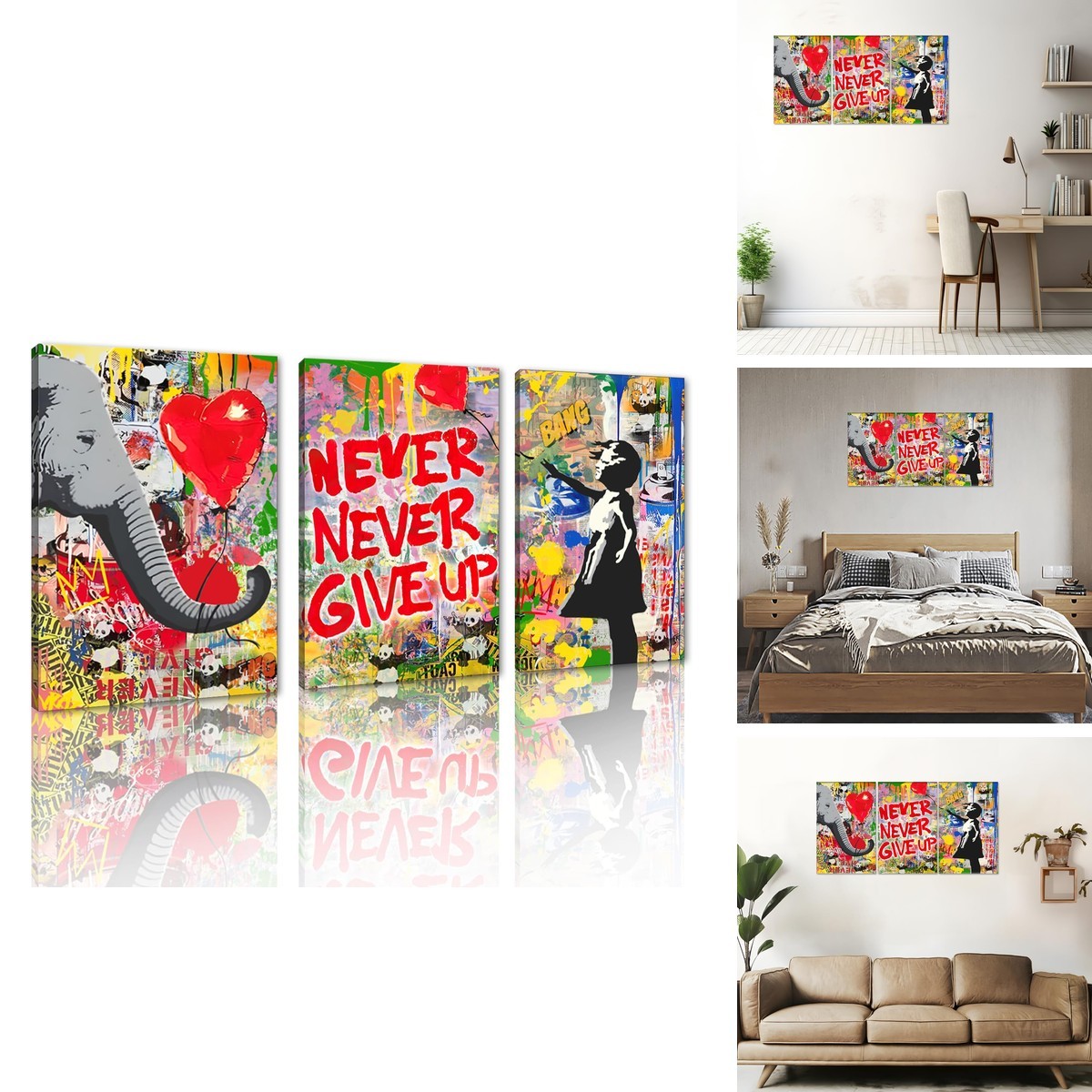 MAMAGO Large Bansky Elephant And Love Wall Decor 3 Panels Inspirational Girl