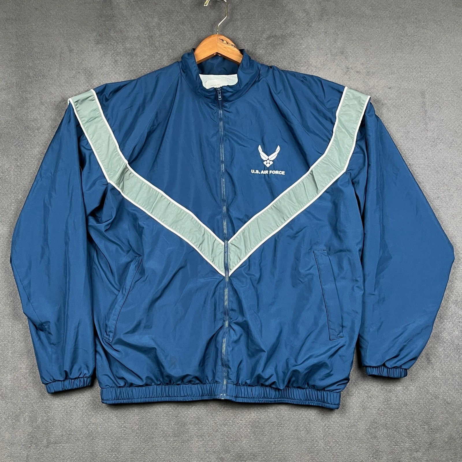 US Air Force PTU Windbreaker Jacket Mens Large Long Blue Silver Reflective