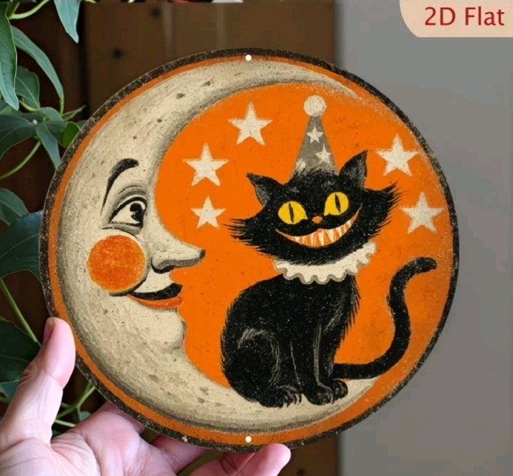 Vintage Black Cat Moon Wooden Wall Sign Round Halloween Decor Orange Hat