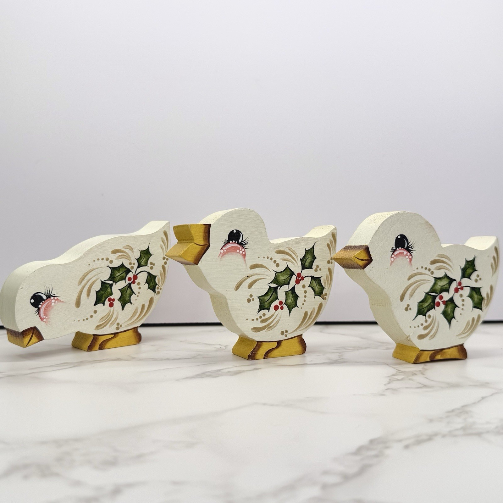 3 Vintage Hand Painted Wood Christmas Chicks Country Folk Art Holly Berry Motif