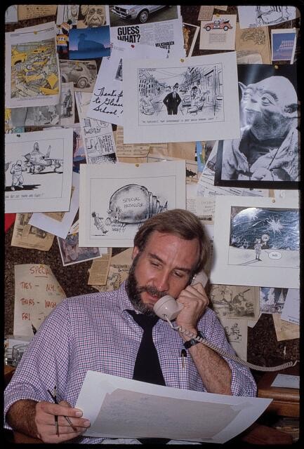Photo:Tony Auth Cartoonist 1980s Working at Desk with Sketches