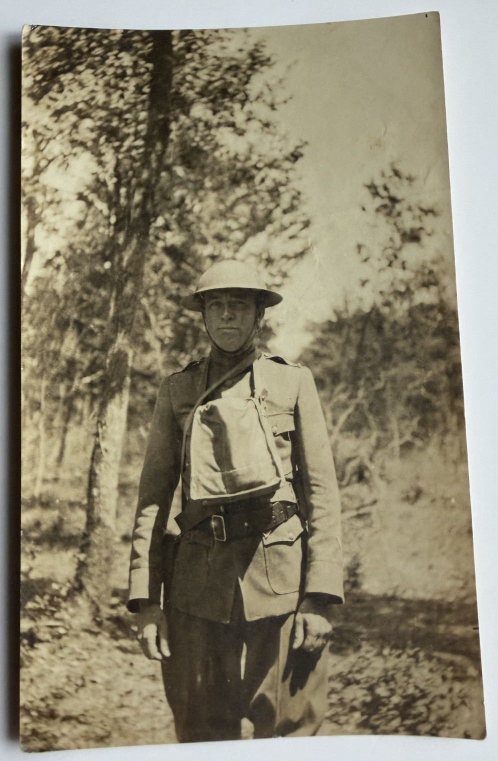 Real Photo WWI American Soldier Doughboy Uniform Gas Mask Bag