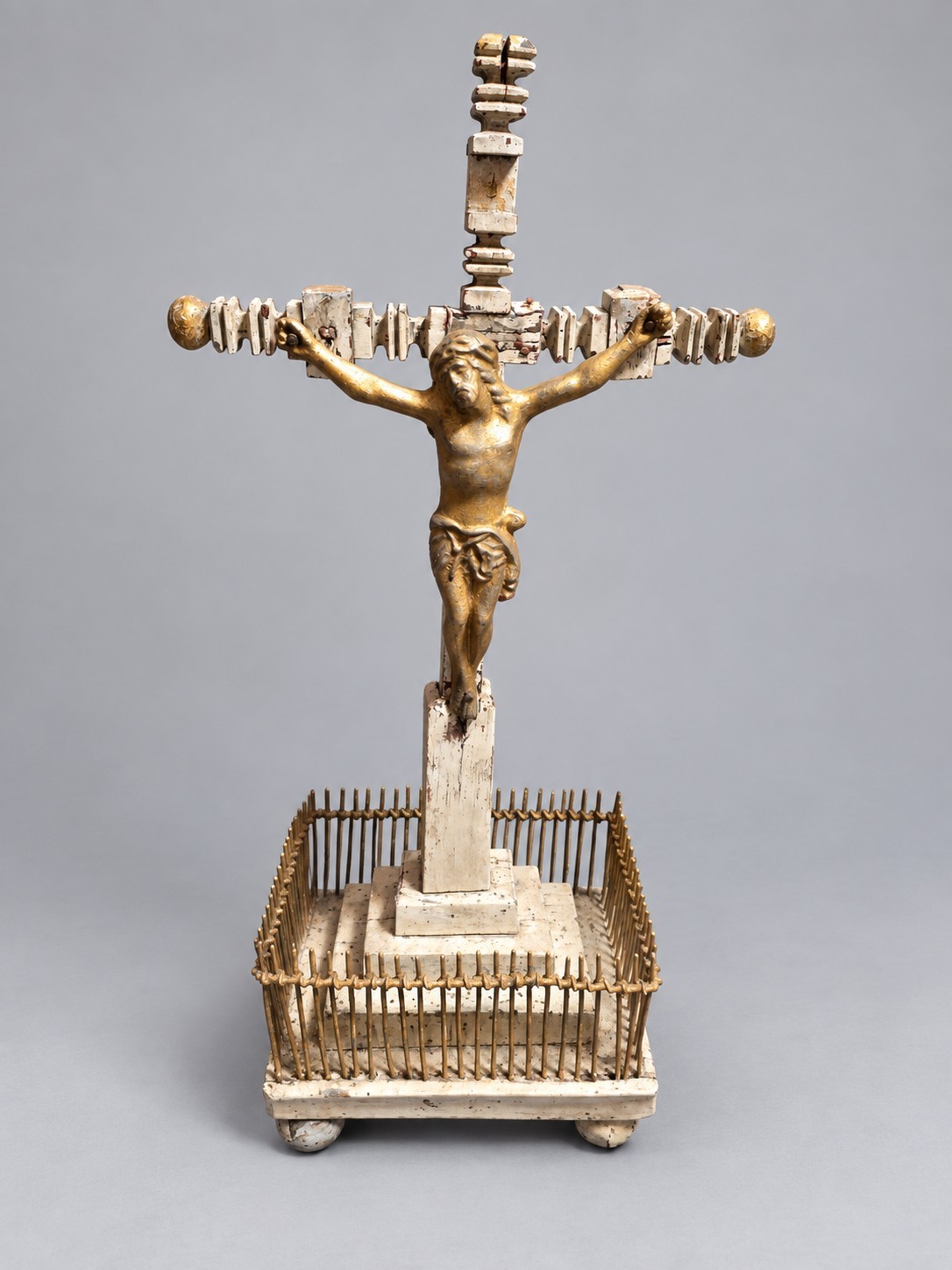 Antique Folk Art Standing Crucifix Carved Wood Cross Gold Christ Fenced Base