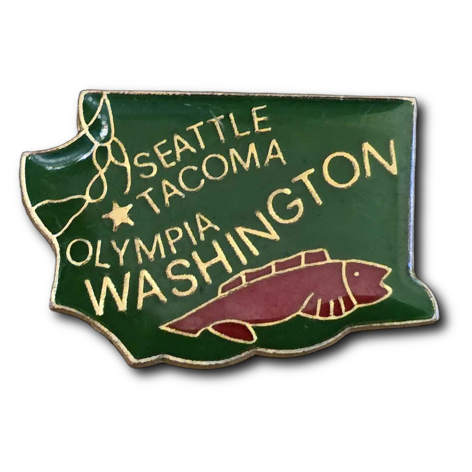 Vintage Washington State Souvenir Map Salmon Lapel Vest Hat Pin K9