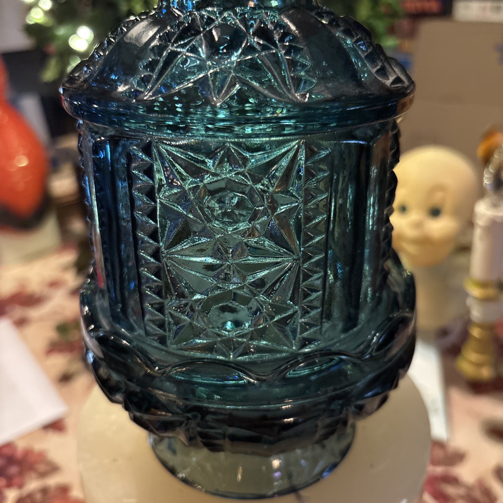 Vtg Indiana Glass Stars & Bars Fairy Lamp Colonial Blue 2 Pc Mid Century Large 