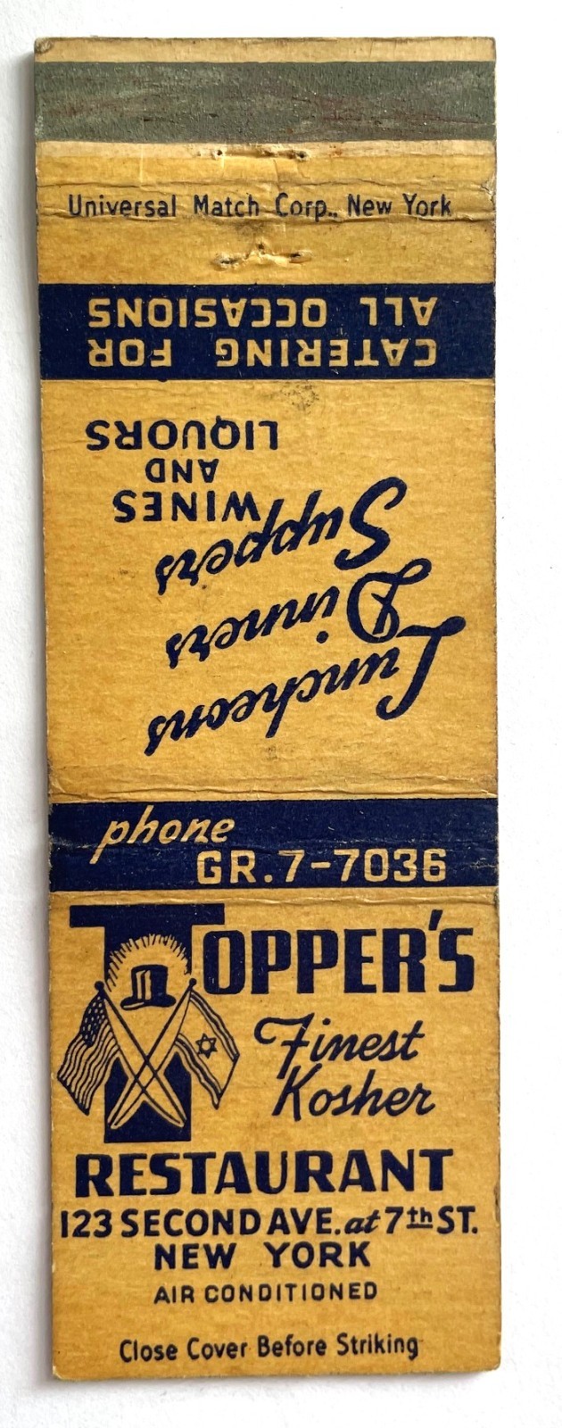 Early Vintage Topper\'s Kosher Restaurant New York Matchbook Cover