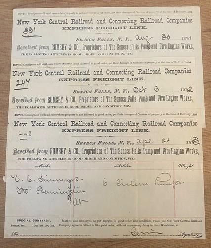 3 ea 1880s Railroad Bills of Lading SENECA FALLS NY PUMP & FIRE ENGINE WORKS