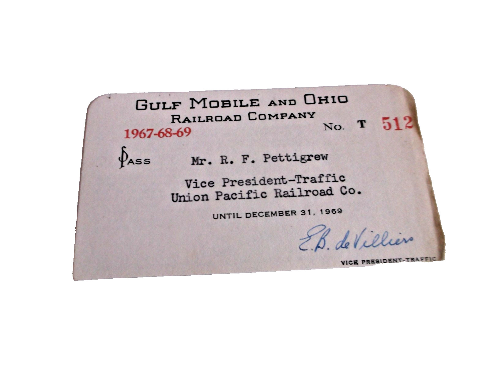 1967 1968 1969 MOBILE AND OHIO RAIL ROAD EMPLOYEE PASS #512