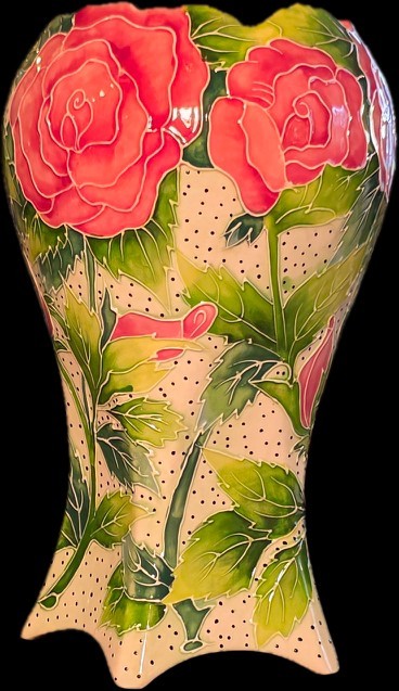 J. McCall Blue Sky Rose Floral Vase Hand Painted 2004 - Textured - Excellent