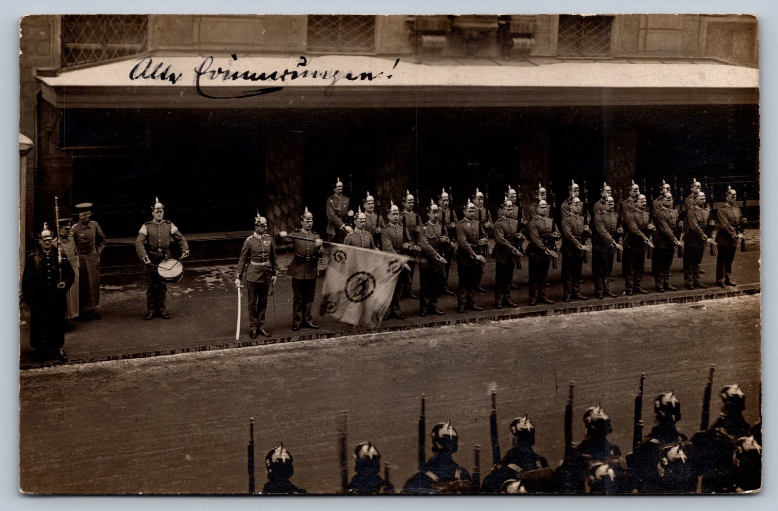 C1912 RPPC GERMANY MILITARY RESIDENCE GUARDS FLAG RIFLES SWORDS DRUMMER