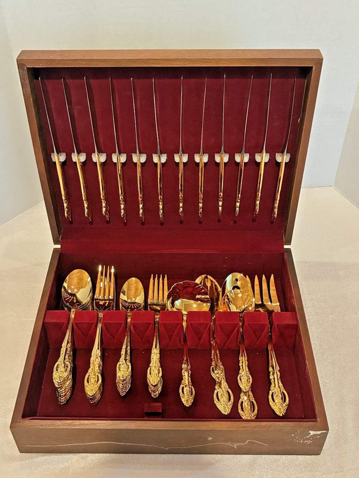 66 Pcs ESTIA Gold Plated Flatware Set PIERCED ROSE Pattern Service For 12 Korea