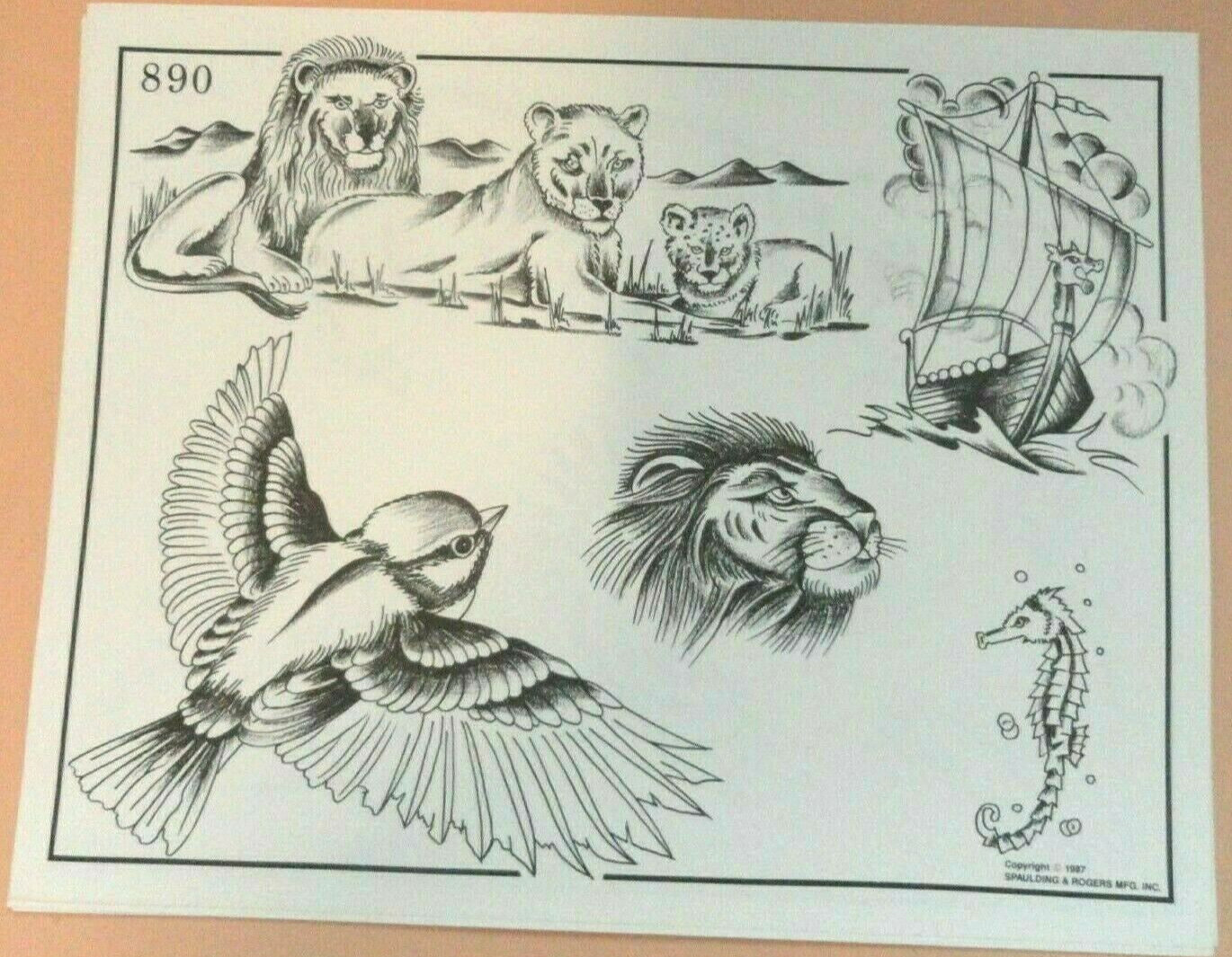 Vintage 1987 RARE Spaulding & Rogers Tattoo Flash Sheet #890 Lions Viking Ship