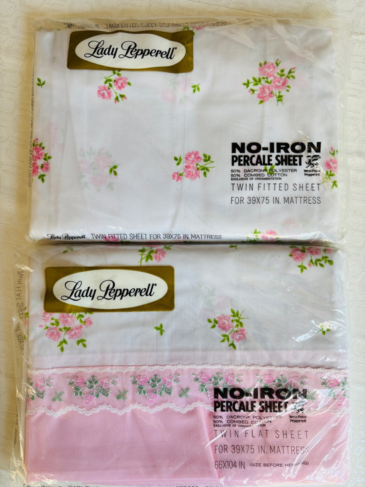 NOS VTG 60'S LADY PEPPERELL PINK LACE TRIM LITTLE FLOWER FLAT&FITTED SHEETS TWIN